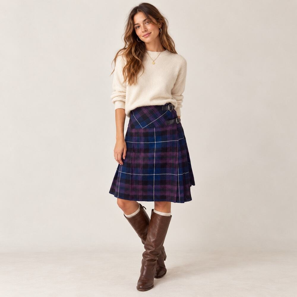 Scottish Design Tartans Plaid Kilt Skirt Purple Blue Wool Blend S/M